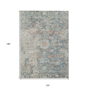 Homeroots 3' Stunning Oriental Washable Area Rug In Green, Blue & Gray For Indoor And Outdoor Spaces 10' X 14' Polyester 587439