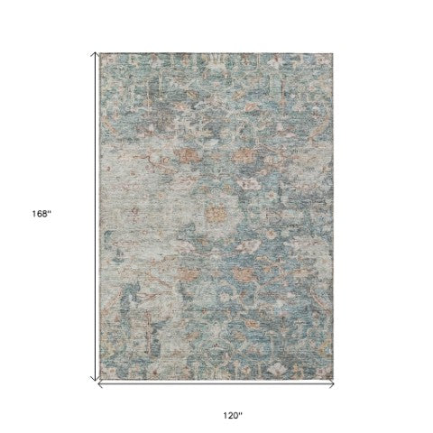 Homeroots 3' Stunning Oriental Washable Area Rug In Green, Blue & Gray For Indoor And Outdoor Spaces 10' X 14' Polyester 587439