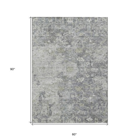 Homeroots 3' Stunning Oriental Washable Area Rug In Green, Blue & Gray For Indoor And Outdoor Spaces 5' X 8' Polyester 587441