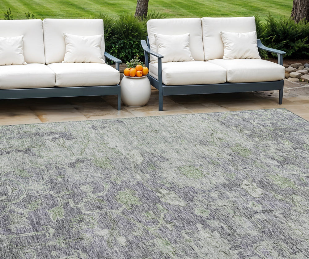 Homeroots 3' Stunning Oriental Washable Area Rug In Green, Blue & Gray For Indoor And Outdoor Spaces 9' X 12' Polyester 587456