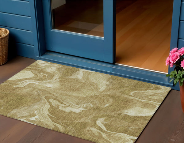 Homeroots 3' Artichoke Green Fern Abstract Area Rug - Washable Indoor/Outdoor, Durable & Stain Resistant Design 3' X 5' Polyester 587464