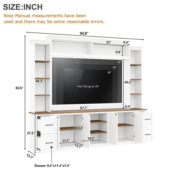 English Elm Unique Low Profile Media Console with Led Lighting Glass Shelves Fits Tvs to 105 White N721S000077K