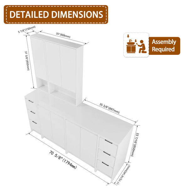 English Elm 72" Freestanding Vanity Combination With Soft-Closing Drawers, Glossy White Storage Solution For Modern Bathrooms W999S00429