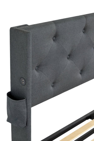 English Elm Queen Upholstered Storage Bed with Hydraulic Lift, Wingback Headboard, USB Ports & Deep Stash Dark Gray W1960S00006