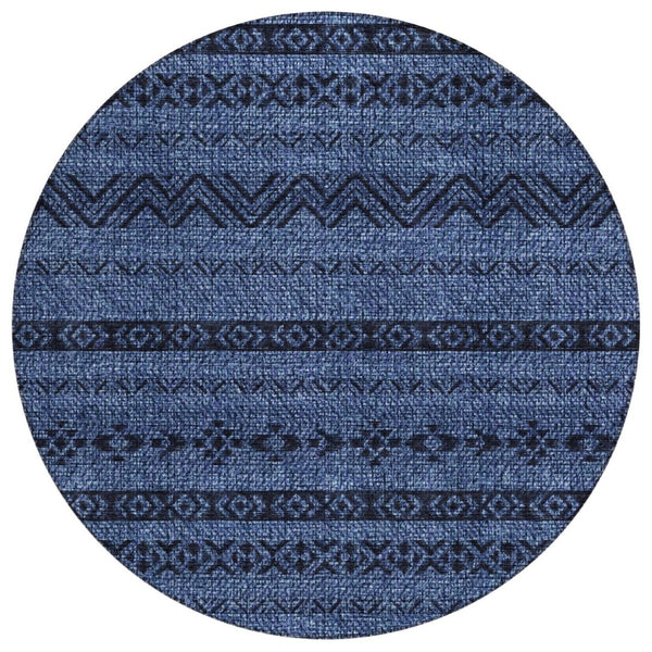 HomeRoots 5' Stylish Southwestern Indoor Outdoor Area Rug in Navy Blue & Black – Durable, Washable & Versatile 8' Round 587550