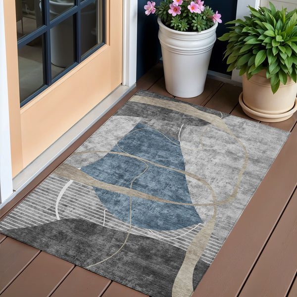 Homeroots 3' Blue Gray And Charcoal Abstract Washable Area Rug For Indoor And Outdoor Spaces, Durable Design 3' X 5' Polyester 587572