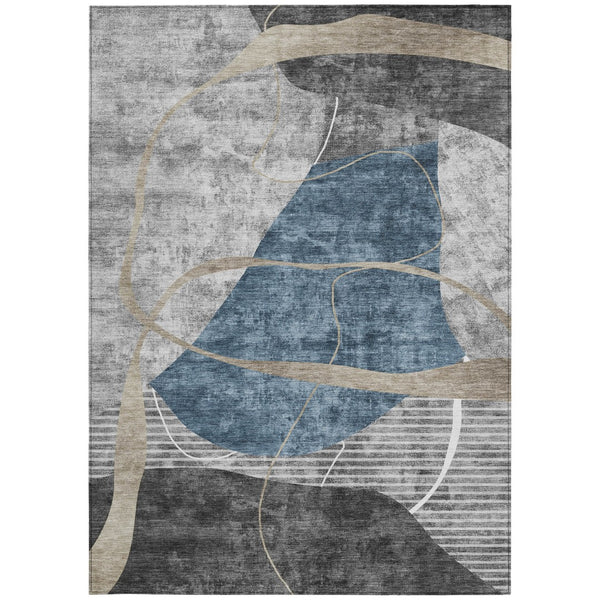 Homeroots 3' Blue Gray And Charcoal Abstract Washable Area Rug For Indoor And Outdoor Spaces, Durable Design 5' X 8' Polyester 587573