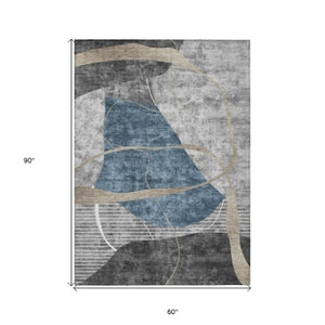 Homeroots 3' Blue Gray And Charcoal Abstract Washable Area Rug For Indoor And Outdoor Spaces, Durable Design 5' X 8' Polyester 587573