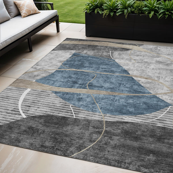 Homeroots 3' Blue Gray And Charcoal Abstract Washable Area Rug For Indoor And Outdoor Spaces, Durable Design 5' X 8' Polyester 587573
