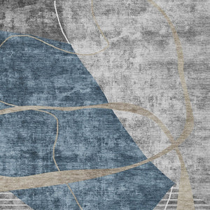 Homeroots 3' Blue Gray And Charcoal Abstract Washable Area Rug For Indoor And Outdoor Spaces, Durable Design 5' X 8' Polyester 587573