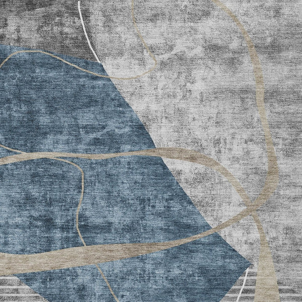Homeroots 3' Blue Gray And Charcoal Abstract Washable Area Rug For Indoor And Outdoor Spaces, Durable Design 5' X 8' Polyester 587573