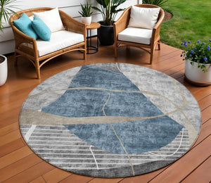 Homeroots 3' Blue Gray And Charcoal Abstract Washable Area Rug For Indoor And Outdoor Spaces, Durable Design 8' Round Polyester 587574