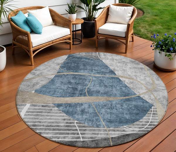 Homeroots 3' Blue Gray And Charcoal Abstract Washable Area Rug For Indoor And Outdoor Spaces, Durable Design 8' Round Polyester 587574