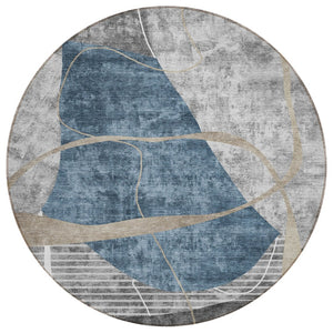 HomeRoots 5' Blue Gray and Charcoal Abstract Area Rug - Stylish, Durable, Washable for Indoor and Outdoor Use 8' Round 587574