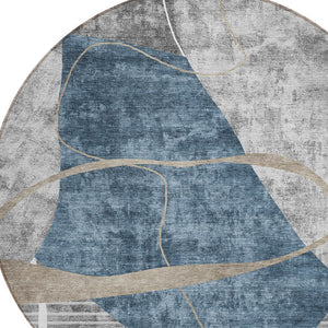 Homeroots 3' Blue Gray And Charcoal Abstract Washable Area Rug For Indoor And Outdoor Spaces, Durable Design 8' Round Polyester 587574