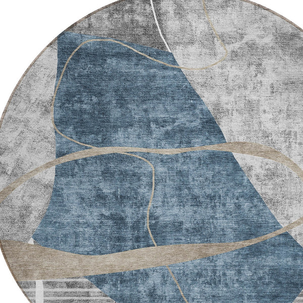 Homeroots 3' Blue Gray And Charcoal Abstract Washable Area Rug For Indoor And Outdoor Spaces, Durable Design 8' Round Polyester 587574