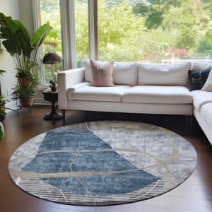 Homeroots 3' Blue Gray And Charcoal Abstract Washable Area Rug For Indoor And Outdoor Spaces, Durable Design 8' Round Polyester 587574