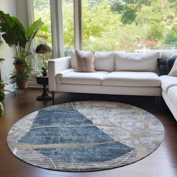 Homeroots 3' Blue Gray And Charcoal Abstract Washable Area Rug For Indoor And Outdoor Spaces, Durable Design 8' Round Polyester 587574