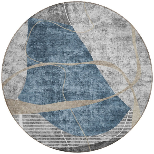 Homeroots 3' Blue Gray And Charcoal Abstract Washable Area Rug For Indoor And Outdoor Spaces, Durable Design 8' Round Polyester 587574