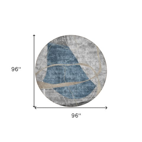 Homeroots 3' Blue Gray And Charcoal Abstract Washable Area Rug For Indoor And Outdoor Spaces, Durable Design 8' Round Polyester 587574