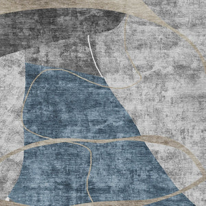 Homeroots 3' Blue Gray And Charcoal Abstract Washable Area Rug For Indoor And Outdoor Spaces, Durable Design 9' X 12' Polyester 587576