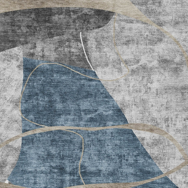 Homeroots 3' Blue Gray And Charcoal Abstract Washable Area Rug For Indoor And Outdoor Spaces, Durable Design 9' X 12' Polyester 587576