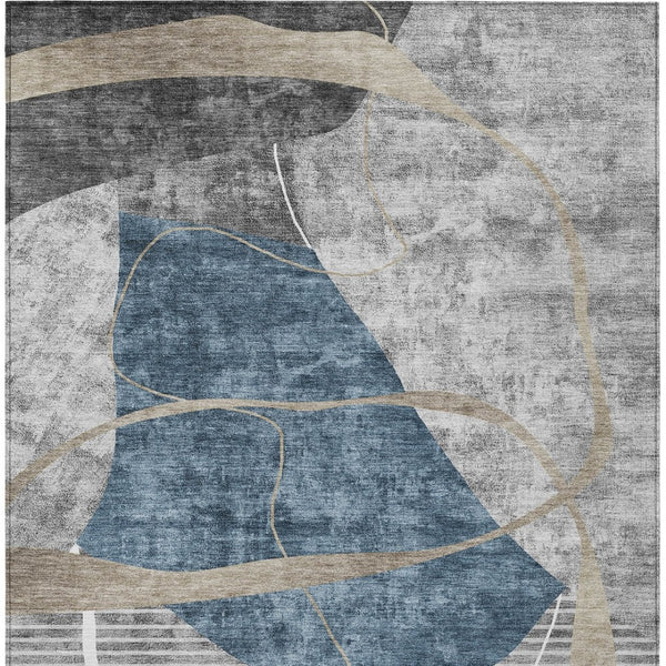 Homeroots 3' Blue Gray And Charcoal Abstract Washable Area Rug For Indoor And Outdoor Spaces, Durable Design 10' X 14' Polyester 587577