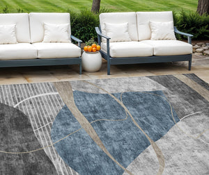 Homeroots 3' Blue Gray And Charcoal Abstract Washable Area Rug For Indoor And Outdoor Spaces, Durable Design 10' X 14' Polyester 587577
