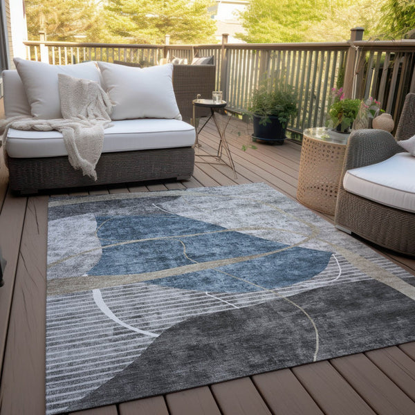 Homeroots 3' Blue Gray And Charcoal Abstract Washable Area Rug For Indoor And Outdoor Spaces, Durable Design 10' X 14' Polyester 587577