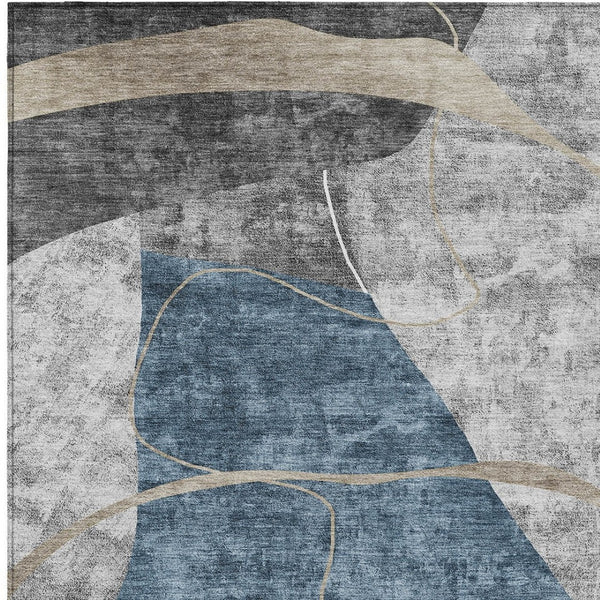 Homeroots 3' Blue Gray And Charcoal Abstract Washable Area Rug For Indoor And Outdoor Spaces, Durable Design 10' X 14' Polyester 587577
