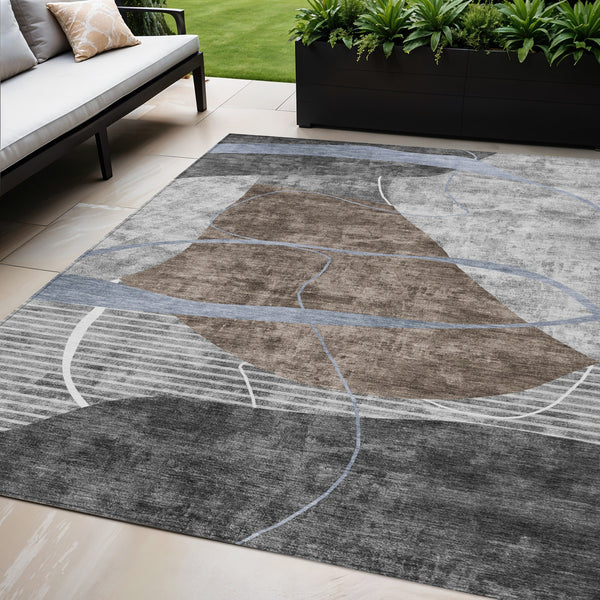 Homeroots 3' Blue Gray And Charcoal Abstract Washable Area Rug For Indoor And Outdoor Spaces, Durable Design 5' X 8' Polyester 587579