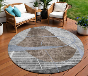 Homeroots 3' Blue Gray And Charcoal Abstract Washable Area Rug For Indoor And Outdoor Spaces, Durable Design 8' Round Polyester 587580