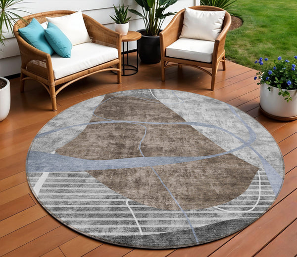 Homeroots 3' Blue Gray And Charcoal Abstract Washable Area Rug For Indoor And Outdoor Spaces, Durable Design 8' Round Polyester 587580