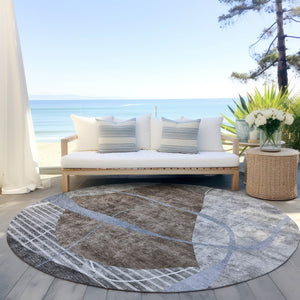 Homeroots 3' Blue Gray And Charcoal Abstract Washable Area Rug For Indoor And Outdoor Spaces, Durable Design 8' Round Polyester 587580