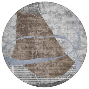 HomeRoots 5' Modern Chocolate Gray and Charcoal Abstract Washable Area Rug for Indoor & Outdoor Spaces 8' Round 587580