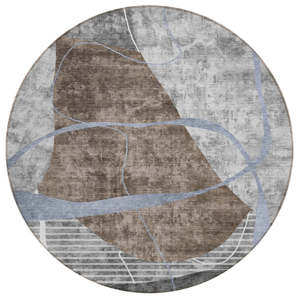HomeRoots 5' Modern Chocolate Gray and Charcoal Abstract Washable Area Rug for Indoor & Outdoor Spaces 8' Round 587580