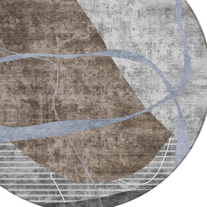 Homeroots 3' Blue Gray And Charcoal Abstract Washable Area Rug For Indoor And Outdoor Spaces, Durable Design 8' Round Polyester 587580