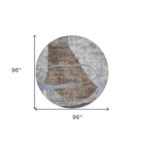 Homeroots 3' Blue Gray And Charcoal Abstract Washable Area Rug For Indoor And Outdoor Spaces, Durable Design 8' Round Polyester 587580