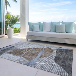 Homeroots 3' Blue Gray And Charcoal Abstract Washable Area Rug For Indoor And Outdoor Spaces, Durable Design 8' X 10' Polyester 587581