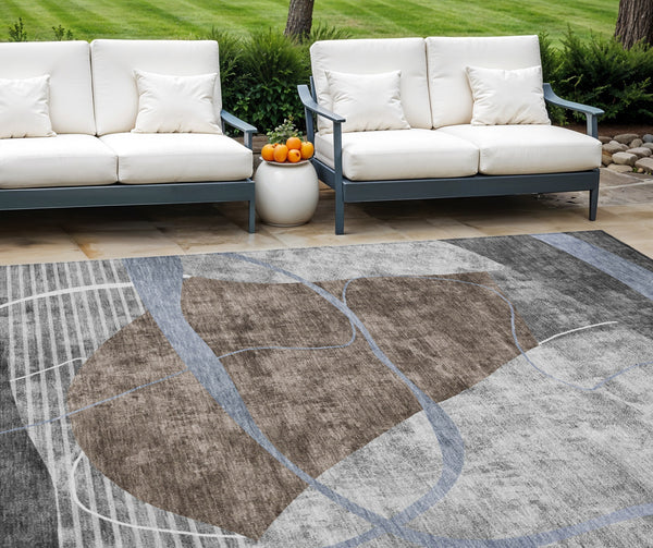 Homeroots 3' Blue Gray And Charcoal Abstract Washable Area Rug For Indoor And Outdoor Spaces, Durable Design 9' X 12' Polyester 587582