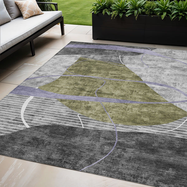 Homeroots 3' Blue Gray And Charcoal Abstract Washable Area Rug For Indoor And Outdoor Spaces, Durable Design 5' X 8' Polyester 587585