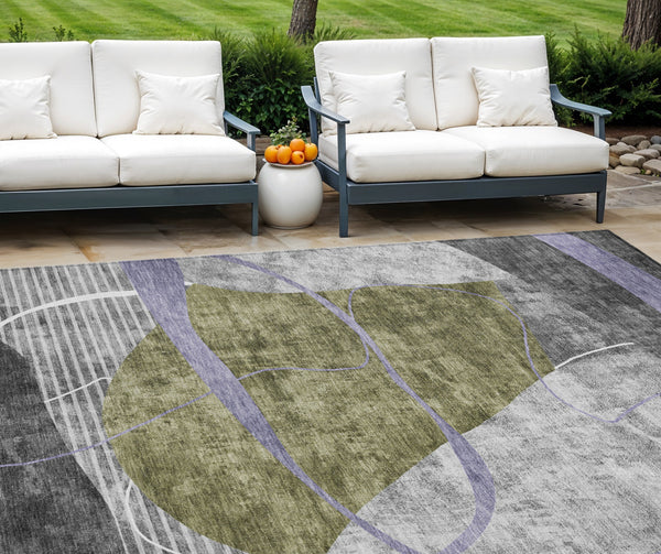 Homeroots 3' Blue Gray And Charcoal Abstract Washable Area Rug For Indoor And Outdoor Spaces, Durable Design 8' X 10' Polyester 587587