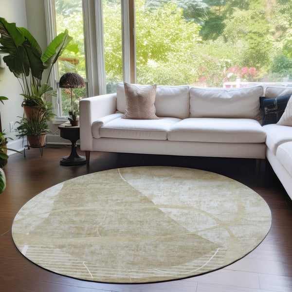 Homeroots 3' Beige Taupe And Tan Abstract Washable Area Rug - Durable, Stylish Indoor/Outdoor Decor Solution 8' Round Polyester 587592