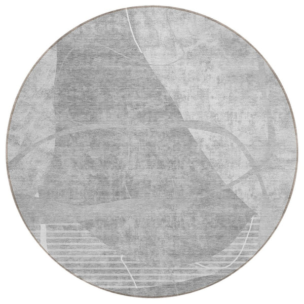 HomeRoots 5' Elegant Gray Silver and Ivory Abstract Washable Area Rug for Indoor and Outdoor Spaces 8' Round 587598