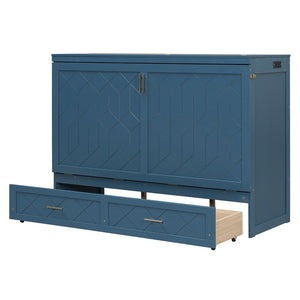 English Elm Queen Murphy Wall Bed Cabinet with Storage Drawer Built-in Power Outlets Usb Ports Navy Blue LP000400AAC-1