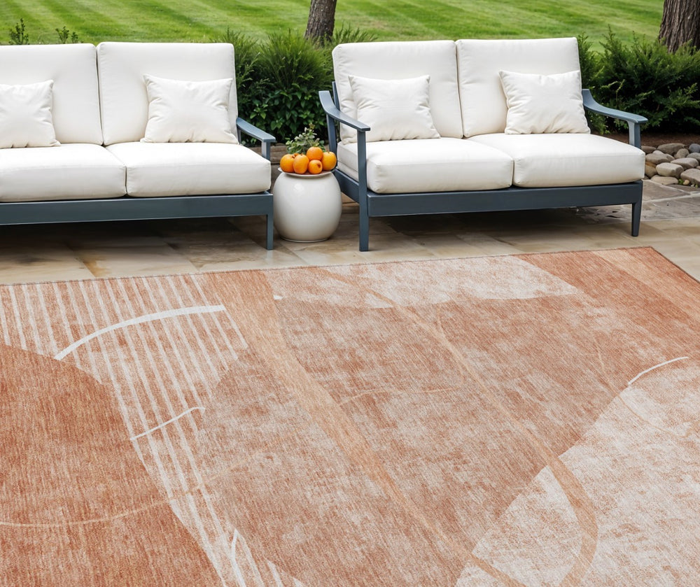 HomeRoots 9' Abstract Salmon Copper Ivory Area Rug - Stylish, Washable, Durable for Indoor & Outdoor Spaces 9' X 12' 587606