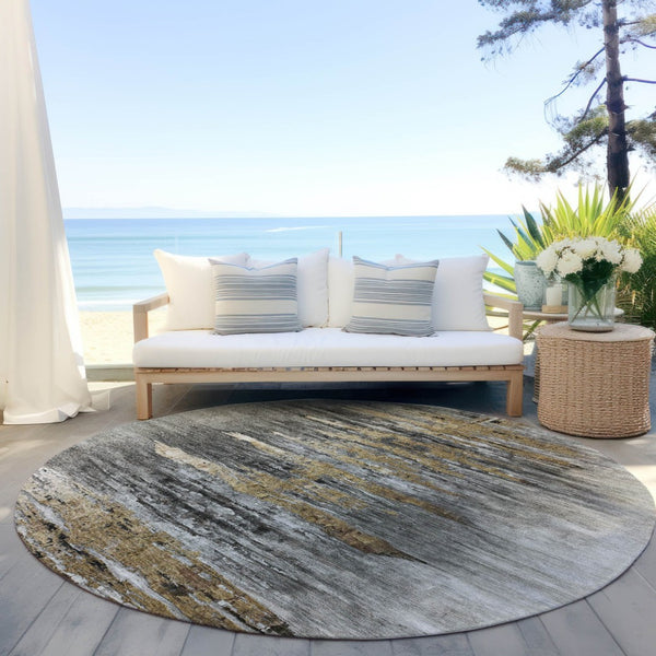 HomeRoots 5' Gray Charcoal and Silver Abstract Area Rug - Stylish, Washable, Durable for Indoor and Outdoor Use 8' Round 587652