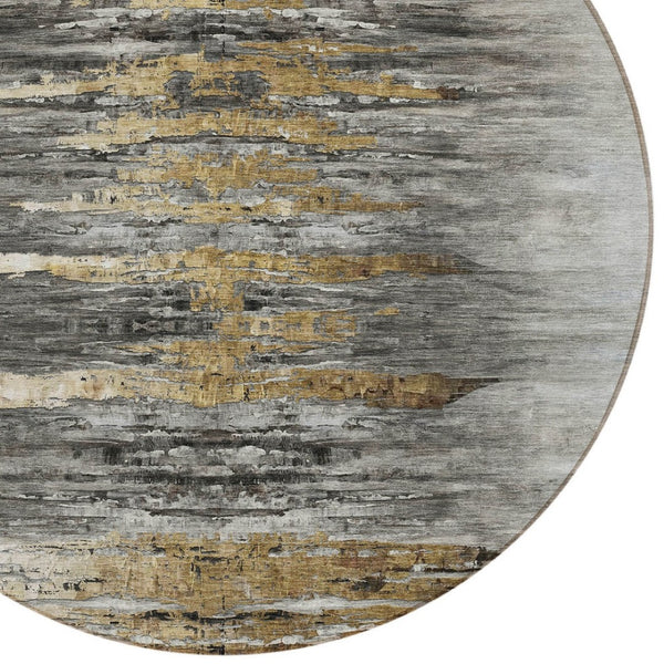 HomeRoots 5' Gray Charcoal and Silver Abstract Area Rug - Stylish, Washable, Durable for Indoor and Outdoor Use 8' Round 587652