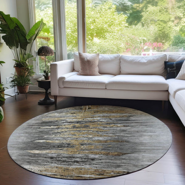 HomeRoots 5' Gray Charcoal and Silver Abstract Area Rug - Stylish, Washable, Durable for Indoor and Outdoor Use 8' Round 587652