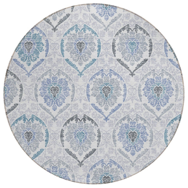 HomeRoots 5' Timeless Gray and Denim Blue Medallion Washable Area Rug for Indoor and Outdoor Spaces 8' Round 587658